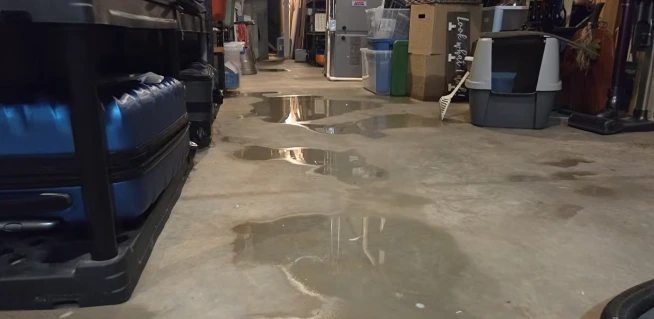 Standing water on a garage or utility room floor near a furnace and storage bins