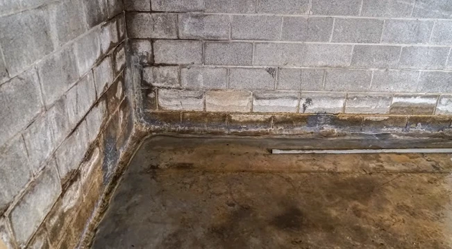Water staining and moisture damage along the base of a basement foundation wall
